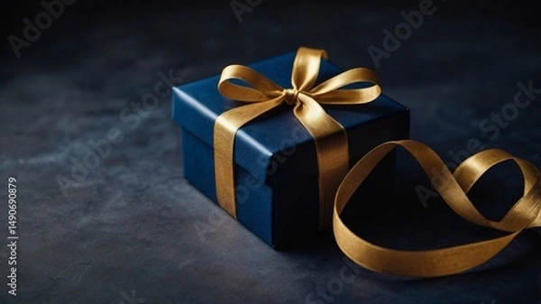 Fototapeta Elegant Navy Blue Gift Box with Golden Ribbon Luxury Present bow wrap dark satin shiny event party  