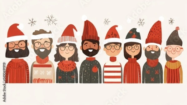 Fototapeta Diverse People Wearing Christmas Hats and Winter Sweaters Standing Together