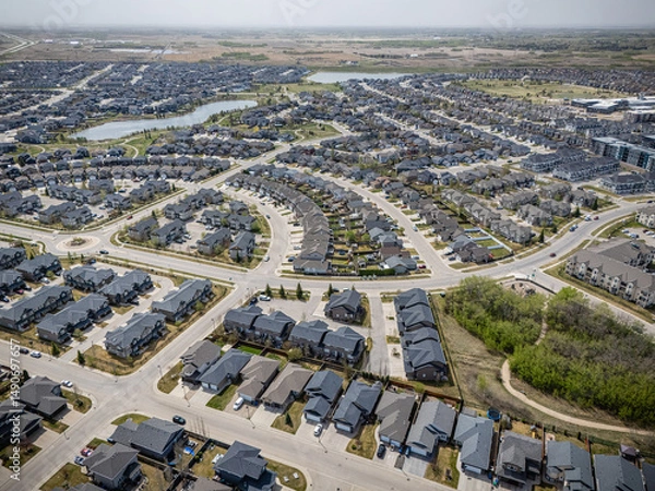 Fototapeta Suburban neighborhood with houses and a lake in the background