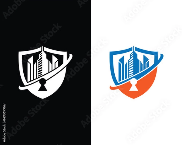 Fototapeta Security vector template featuring cityscape buildings with keyhole within a shield for real estate protection services