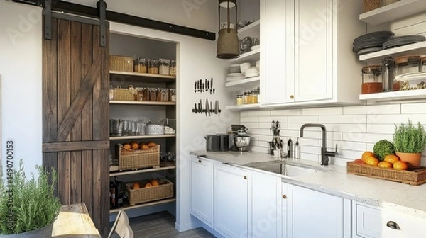 Obraz Compact modern kitchen with built-in storage, farmhouse barn door pantry, and antique-inspired decor