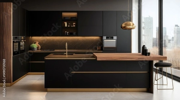 Obraz Contemporary kitchen featuring black cabinetry, butcher block island, and gold hardware for a warm-modern blend
