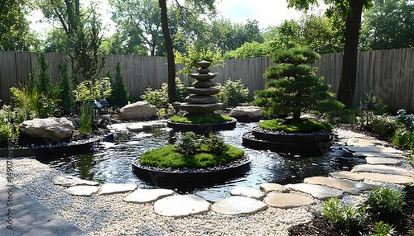 Fototapeta Serene backyard pond with zen-like rock sculpture, surrounded by lush greenery and white pebble edging