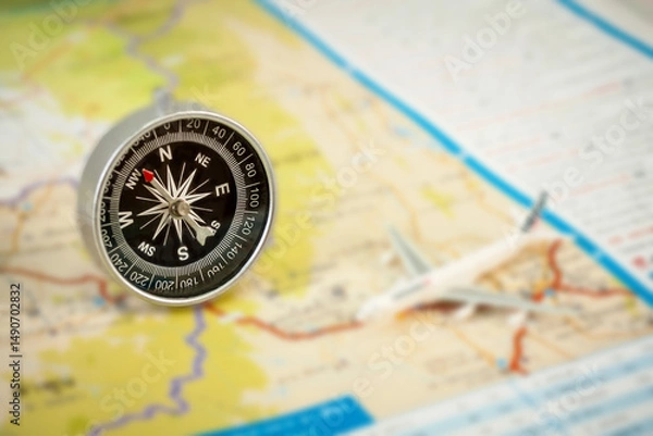 Fototapeta selective focus of compass on blurred map background.