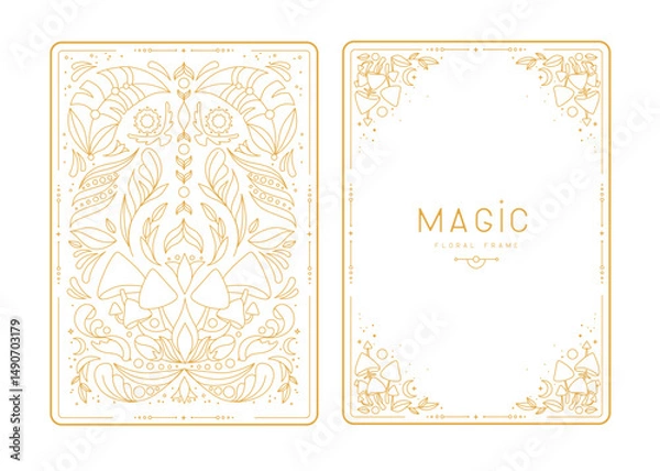 Fototapeta Modern magic witchcraft frames with floral elements and ornament. Decorative floral back and face card design. Vector illustration
