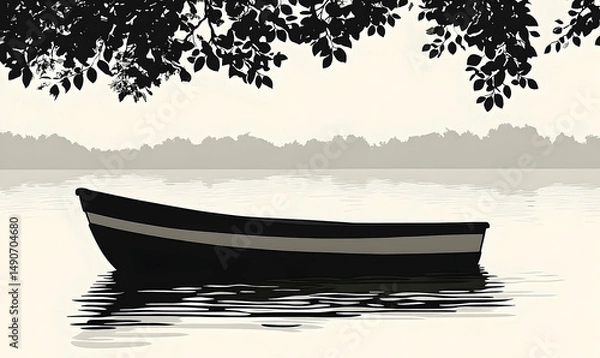 Fototapeta Silhouette boat on calm water with tree overhang. Distant, hazy forest line is seen in the background