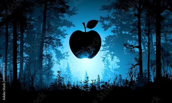 Fototapeta Silhouette apple floats within a cool, ethereal forest. Soft glow