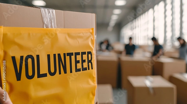 Obraz Volunteers working on a project. Cardboard boxes are prepared in an industrial setting with natural light. Community service, support, and giving back.