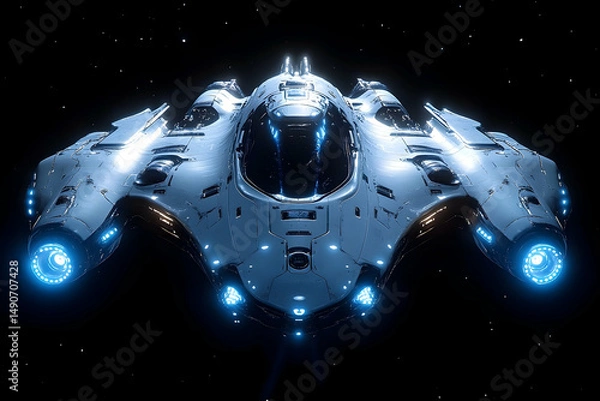Fototapeta Sleek, futuristic spacecraft front view. Dark background with stars, metallic body, glowing blue engines and accents