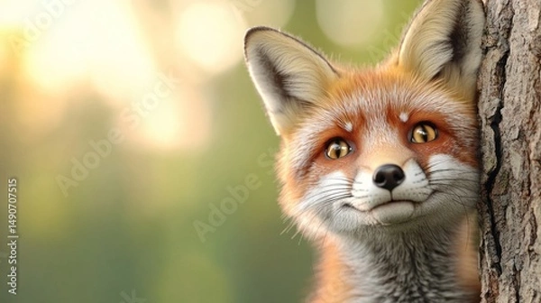 Fototapeta Cute fox close-up, peeking from behind a tree
