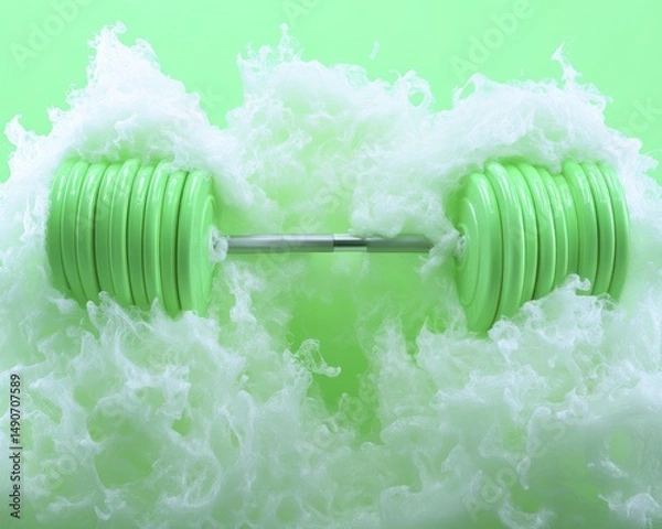 Fototapeta Green dumbbell in a cloud of white foam