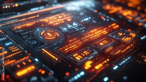 Fototapeta Futuristic technological interface with glowing orange and blue details
