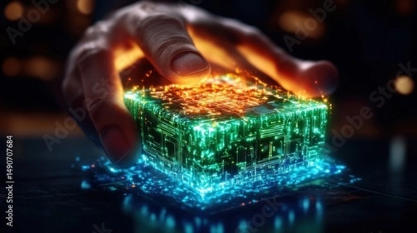 Fototapeta Hand interacts with glowing, complex, digital cube