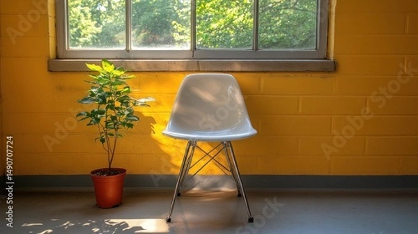 Fototapeta Empty white chair beside plant in a yellow room