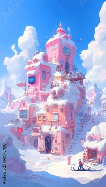 Fototapeta A whimsical, pastel-pink, snowy village nestled high in the mountains.  Charming, cozy, and inviting, with a touch of fantasy