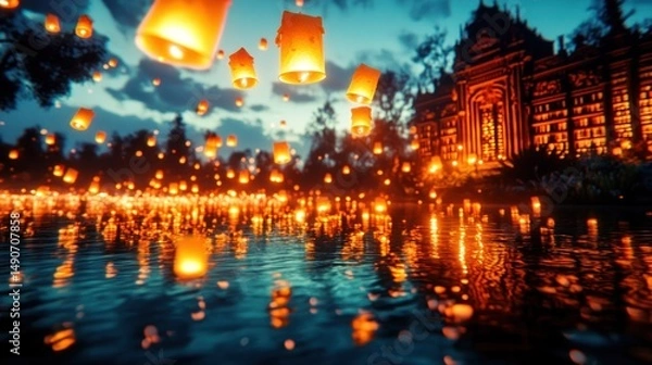 Fototapeta Floating lanterns illuminate a temple complex by a serene pond