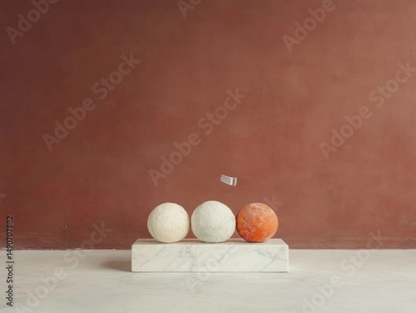 Fototapeta Three colorful wool balls on a marble platform against a deep red backdrop