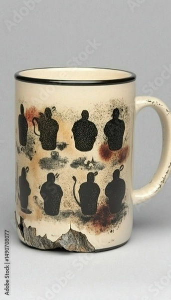 Fototapeta Ceramic mug with black silhouettes of figures