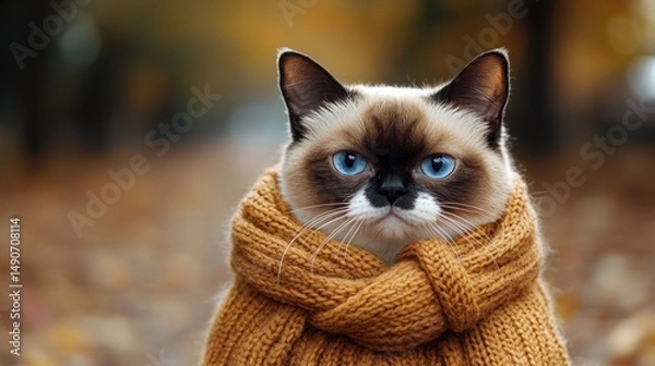 Fototapeta Cute cat in autumnal scarf