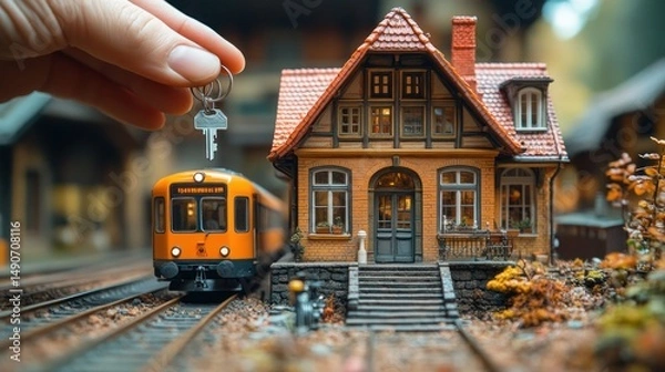 Fototapeta Miniature house with key and train, representing homeownership and transportation