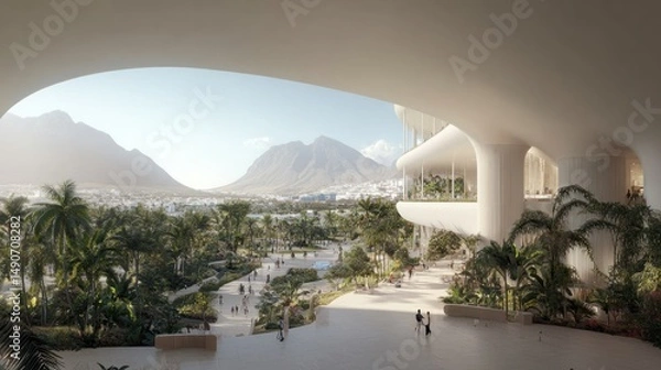 Fototapeta Modern architectural marvel with expansive views of a tropical city landscape
