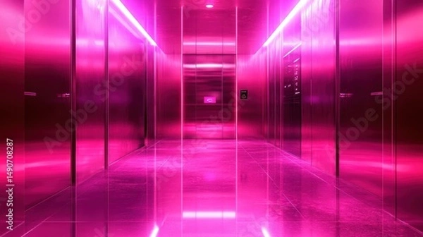 Fototapeta A vibrant, neon-lit hallway with reflective surfaces