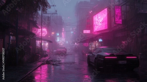 Fototapeta Neon-lit, rain-slicked alleyway, hazy cyberpunk cityscape