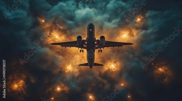 Fototapeta Dramatic airplane landing in stormy clouds