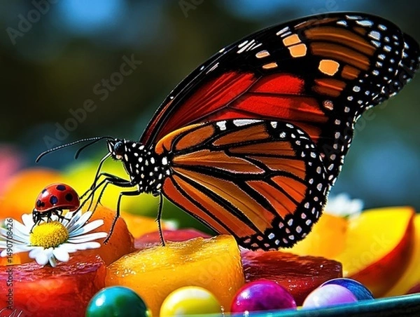 Fototapeta Vibrant monarch butterfly and ladybug on colorful fruit