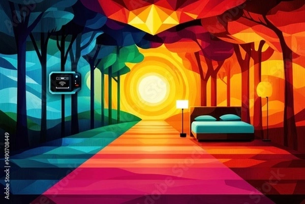 Fototapeta Colorful path through a forest, from night to day, leading to a bedroom