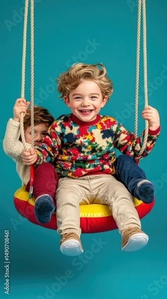 Fototapeta Two children joyfully swing on a bright red and yellow swing set