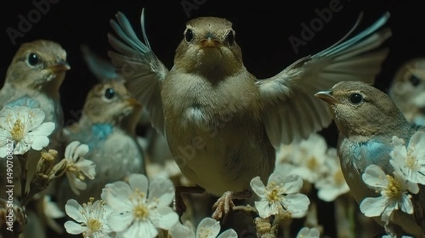 Fototapeta Birds in flight, surrounded by blossoms