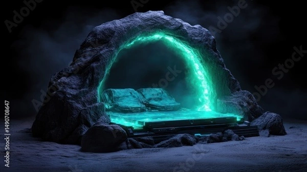 Fototapeta Frozen cave, glowing portal, futuristic interior