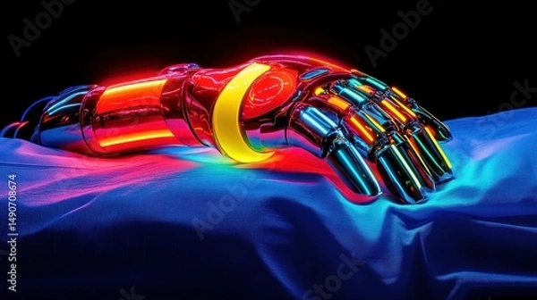 Fototapeta Futuristic robotic arm glowing vibrant colors on a blue surface
