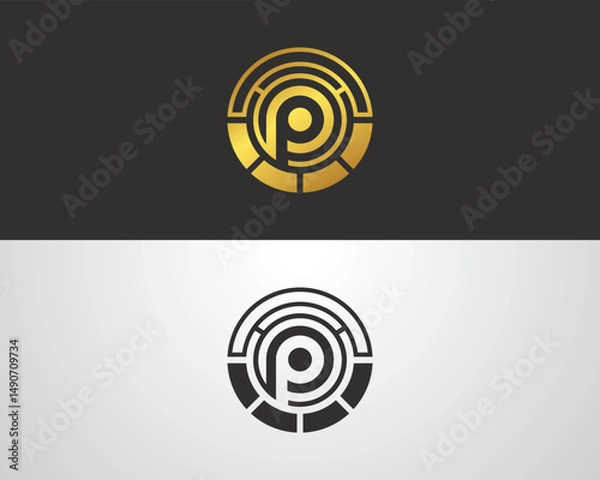 Fototapeta Elegant letter P logo design circular geometric vector template in gold and black variations