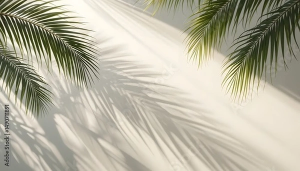 Fototapeta Palm leaves casting shadows on a white wall creating a tropical vibe