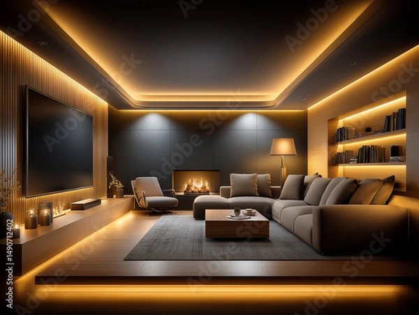 Obraz Modern Home Theater: A contemporary home theater design showcases sleek furniture, warm lighting, and a cozy fireplace, creating an inviting ambiance for entertainment.