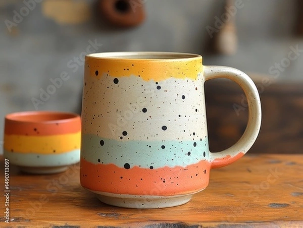 Fototapeta Vibrant ceramic mug with layered colors and speckles