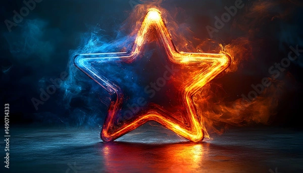 Fototapeta Star engulfed in blue and red flames, contrasting colors with a dark, textured floor, smoky backdrop