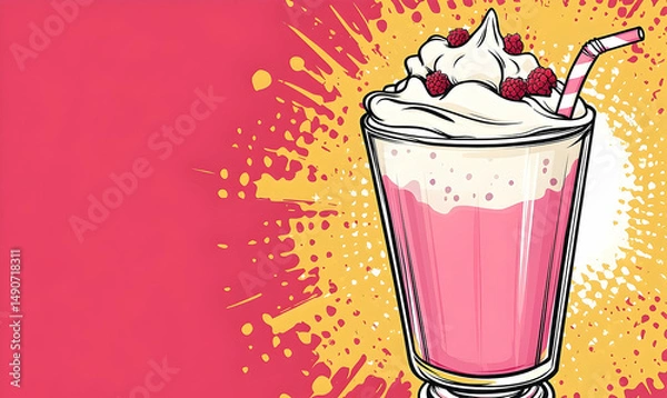 Fototapeta Stylized pink drink with cream, raspberries, and a straw, beside a textured background