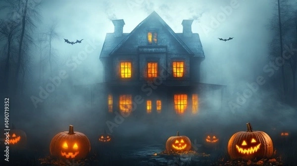 Fototapeta Spooky Halloween night scene with haunted house glowing in fog, illuminated jack o lanterns, and bats flying in the dark sky. Halloween concept.