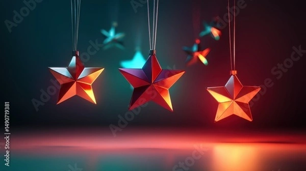Fototapeta Three hanging star ornaments in red and orange tones with blurred stars in the background, creating a festive and decorative scene for holiday or celebratory themes.