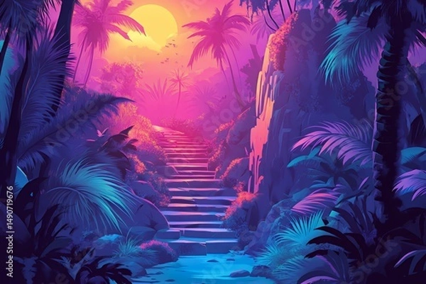 Fototapeta Tropical landscape illustration with stone steps leading towards a sunset sky, surrounded by palm trees and lush vegetation in vibrant pink and blue hues.