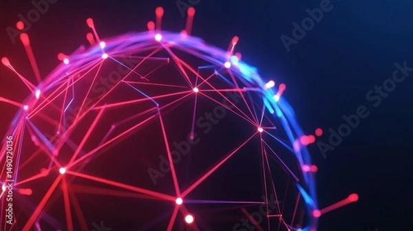 Fototapeta Abstract sphere with glowing nodes and lines against a dark background, representing a global network, technology, or futuristic concept with red and blue illumination.