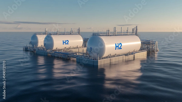 Obraz Offshore hydrogen storage: Floating platform with multiple cylindrical tanks marked with H2, symbolizing clean energy solutions and sustainable infrastructure.