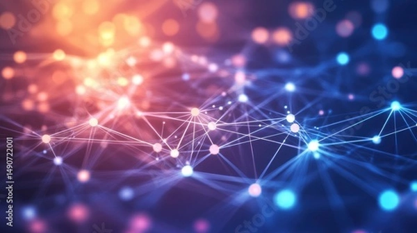 Fototapeta Abstract network background with glowing nodes and connections, symbolizing data transmission, artificial intelligence, and complex systems in a vibrant color scheme.