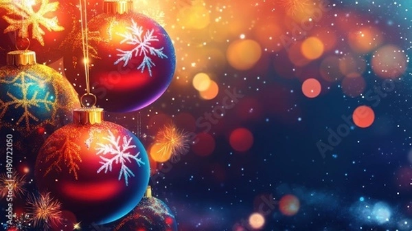 Fototapeta Festive Christmas background with hanging ornaments and bokeh lights. Holiday season backdrop with blurred lights and decorative baubles with snowflake design.