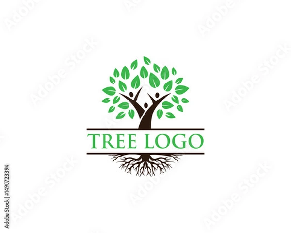 Fototapeta Family tree vector logo template with roots green leaves symbolizing growth and community connection for branding design