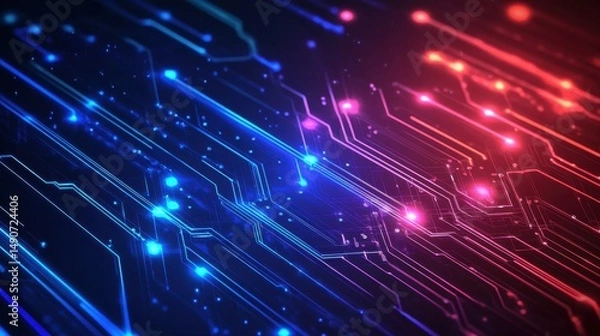 Obraz Abstract technology background with blue and red circuit board pattern. Futuristic hi tech digital texture, concept for network, big data, science, or artificial intelligence.