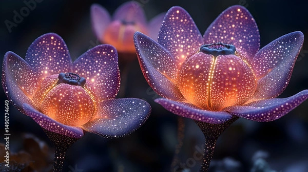 Fototapeta Three fantastical, glowing floral entities with violet petals, softly illuminated against a shadowy, earthy background